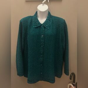Susan Graver Style Blouse Womens 1X Green Crinkled Button Front Long Sleeve